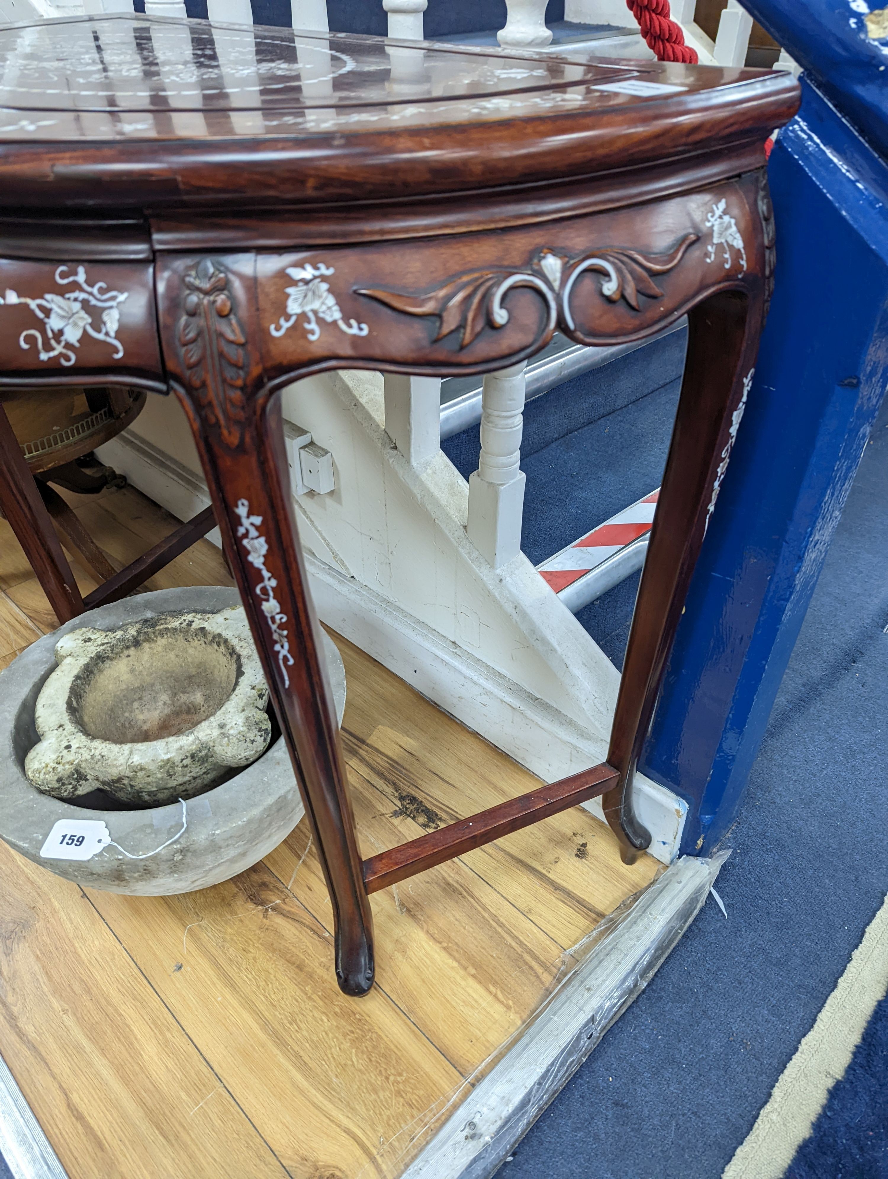 A Chinese hardwood and mother-of-pearl inlaid demi lune side table, width 80cm, depth 45cm, height 76cm